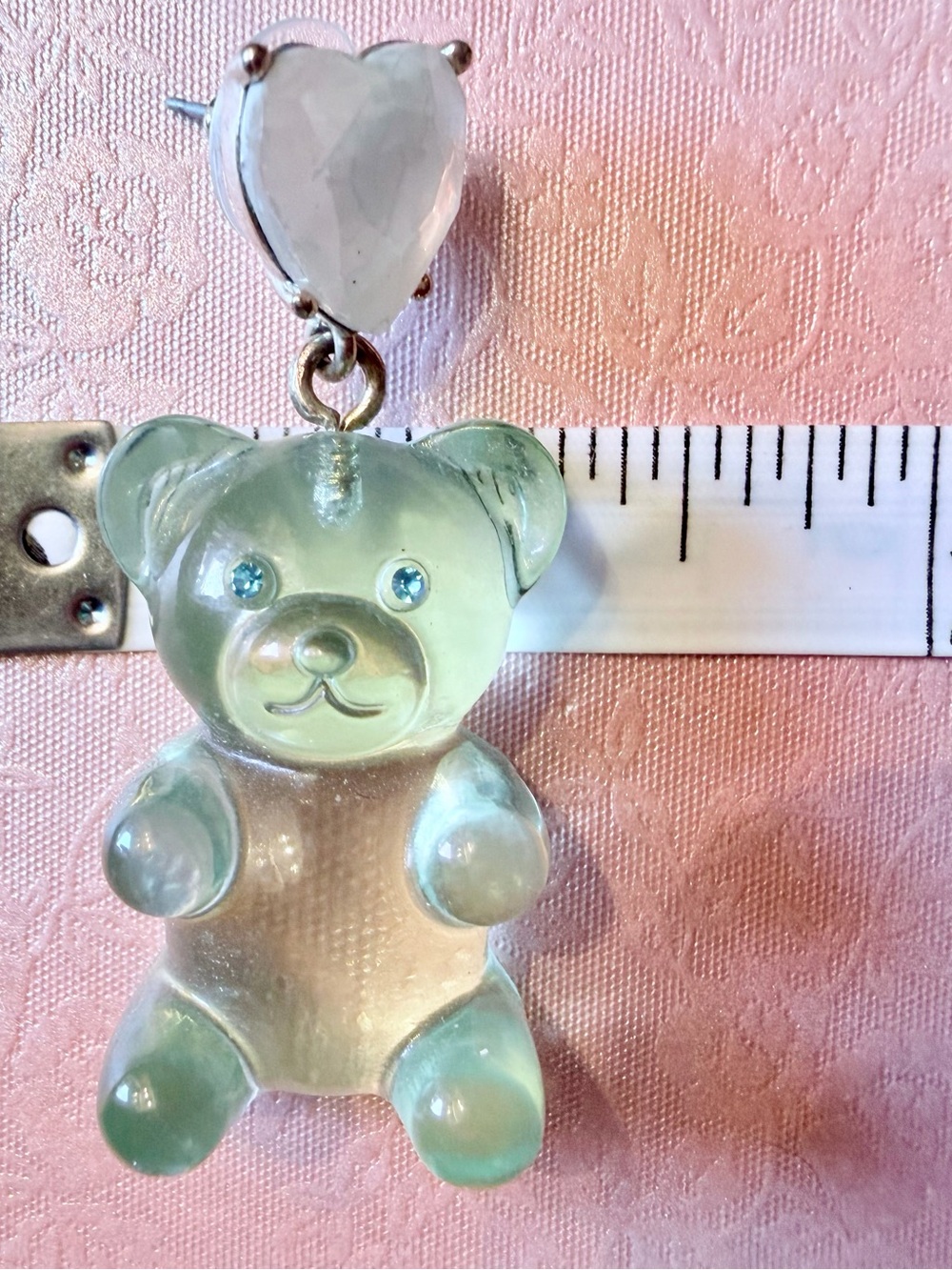Betsey Johnson Translucent Green Bear Drop Earrings with White Heart Studs - Picture 5 of 5